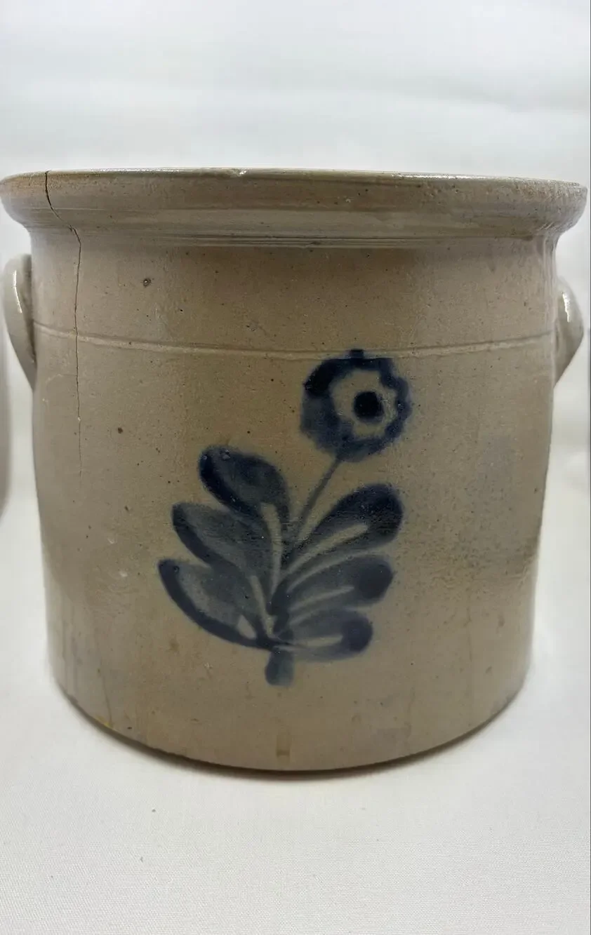 Antique Stoneware Crock with Cobalt Blue Floral Decoration